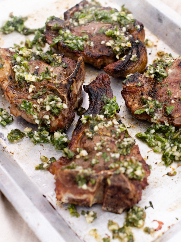 Mutton chops with souvlaki salt rub & lemon board dressing